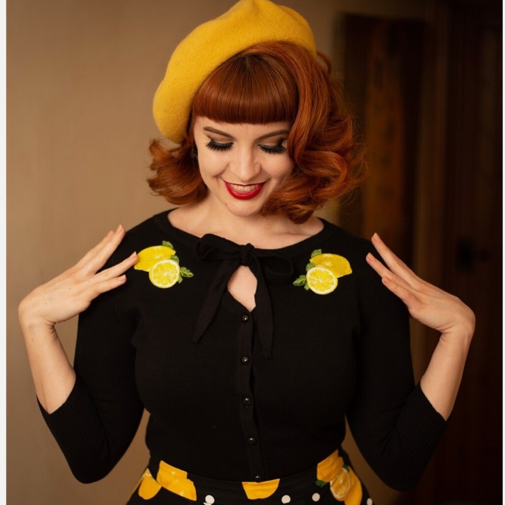 Collectif Black Cardigan with Yellow Lemon Embroidery